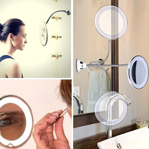 White 10x magnifying LED makeup mirror with flexible gooseneck and suction cup base on a table.