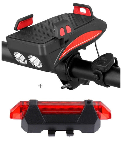 Multifunctional bike mount with horn, lights, and adjustable phone holder for secure storage and charging on the go