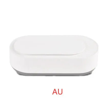 White portable ultrasonic cleaner with stainless steel tank for cleaning jewellery and glasses.