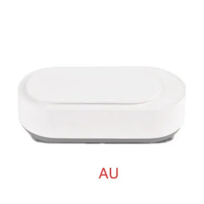 White portable ultrasonic cleaner with stainless steel tank for cleaning jewellery and glasses.