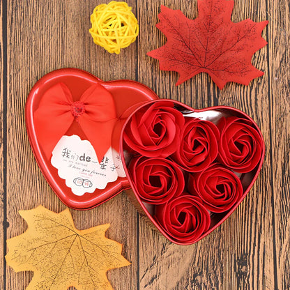 Handmade soap flowers in red heart-shaped tin box measuring 12x12x5cm