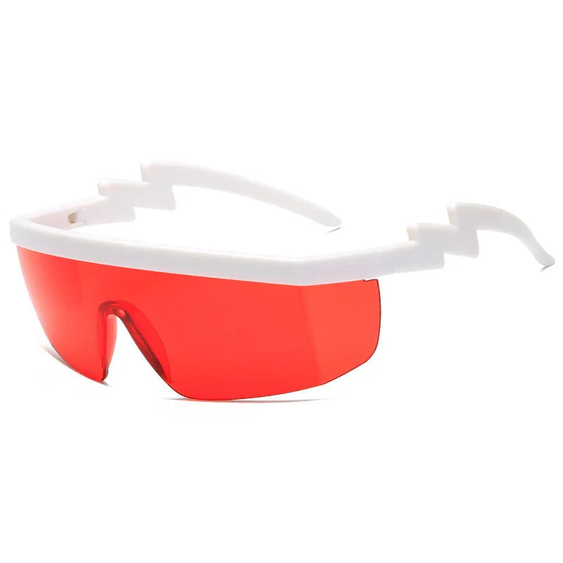 Black one-piece cycling sunglasses with blue polycarbonate lenses and lightning leg temples on a grey background.