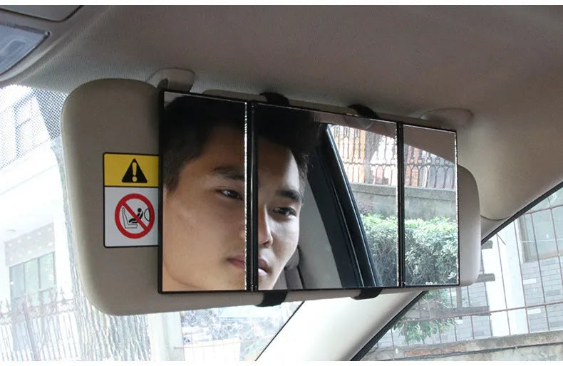 Silver car folding makeup mirror shown in opened position measuring 30.5cm wide