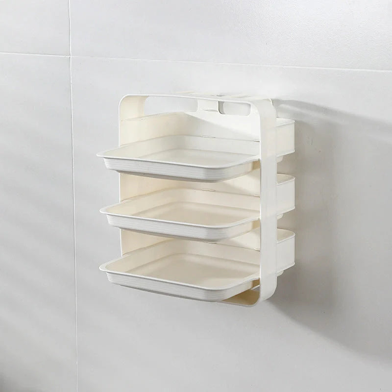 Wall-mounted kitchen shelf with stackable trays in navy blue, white, and coffee colour options