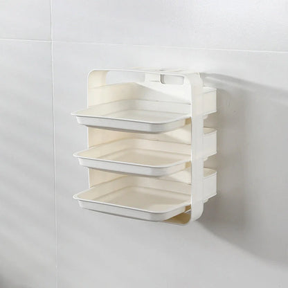 Wall-mounted kitchen shelf with stackable trays in navy blue, white, and coffee colour options