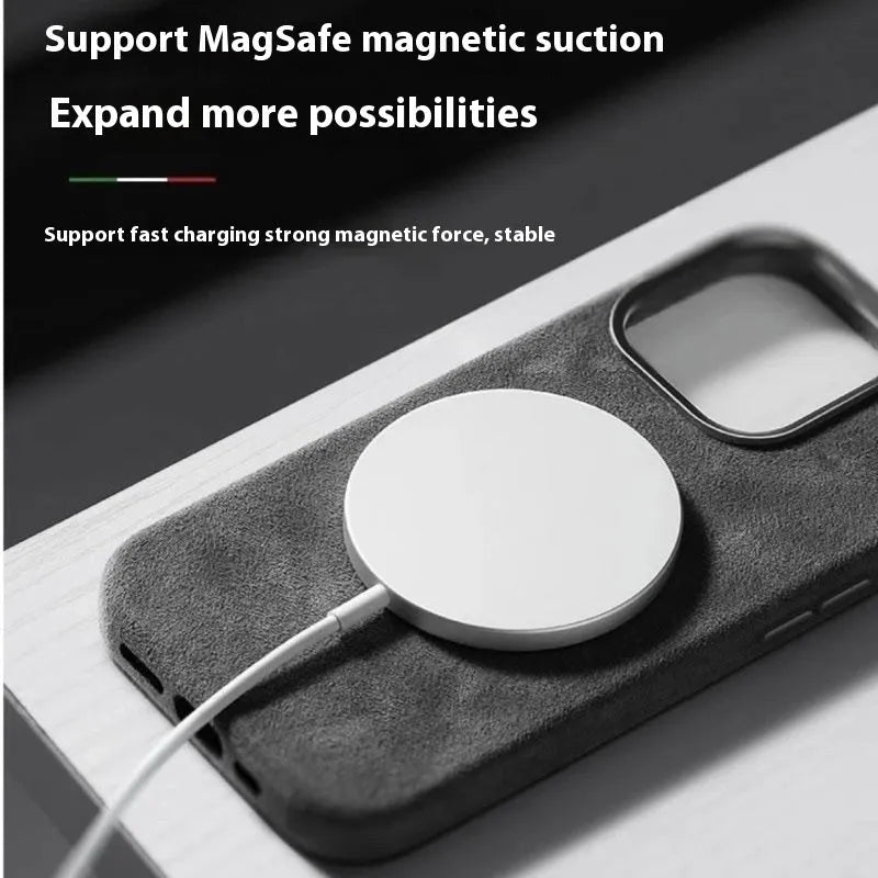 Alcantara suede magnetic phone case for Apple iPhone in black, showing frosted finish and anti-fall design.