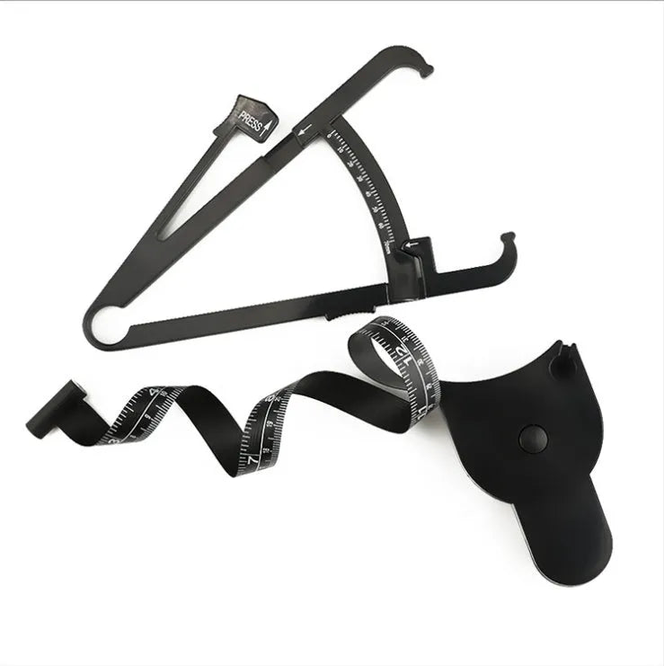Black ABS body fat caliper measurement tool showing 0-70mm range scale