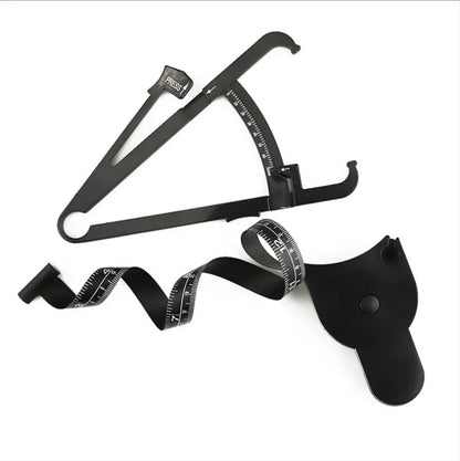 Black ABS body fat caliper measurement tool showing 0-70mm range scale