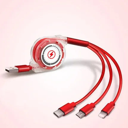 Black telescopic 3-in-1 charging cable with titanium alloy connectors extended on a white background.