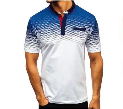 Cotton rich lapel print short sleeve top with polka dot pattern in white, shown on a plain background.