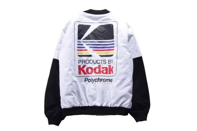 Hip hop style baseball jacket in grey or white with streetwear print, round neck, and side slit pockets.