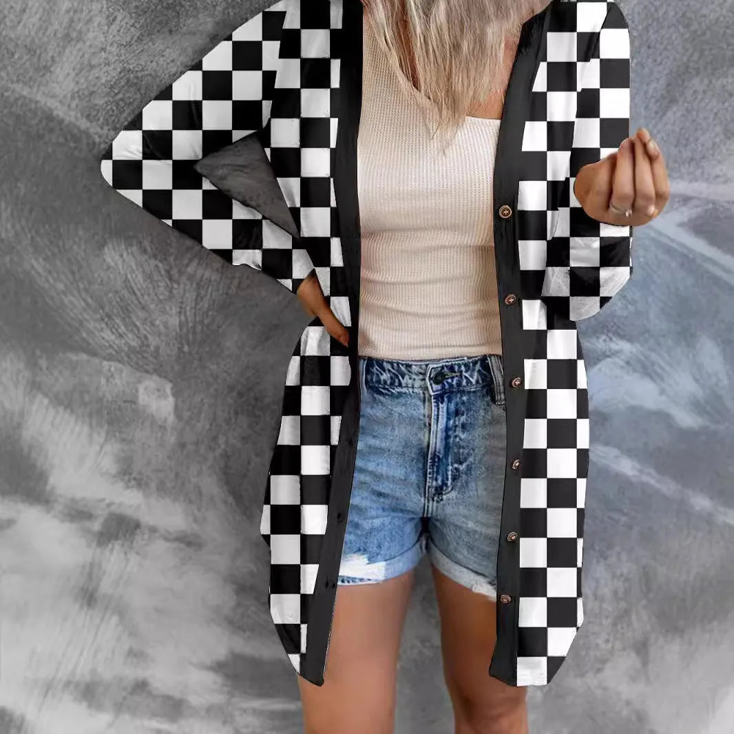 Women's long plaid knitted cardigan coat in polyester fabric with regular sleeves