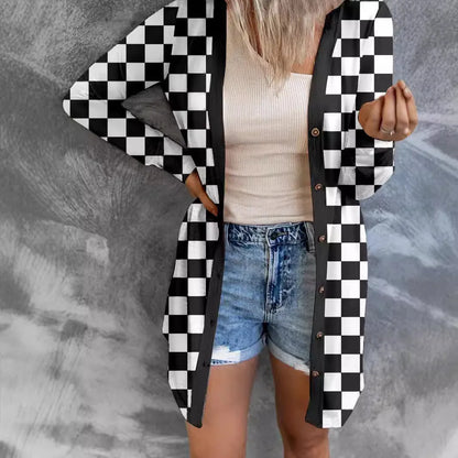 Women's long plaid knitted cardigan coat in polyester fabric with regular sleeves