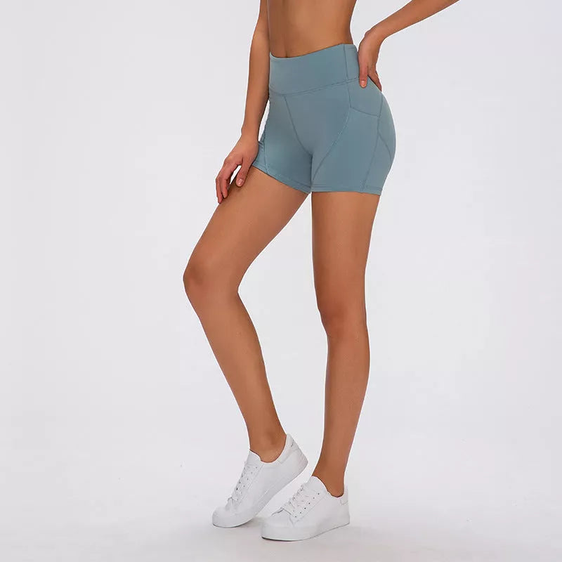 SHINBENE Women's High Waisted Sport Shorts in green, blue, and black