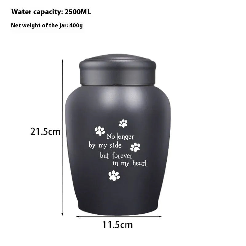 Stainless steel funerary urn with hand-painted Chinese design, large 2500ml capacity.