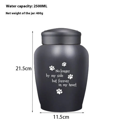 Stainless steel funerary urn with hand-painted Chinese design, large 2500ml capacity.