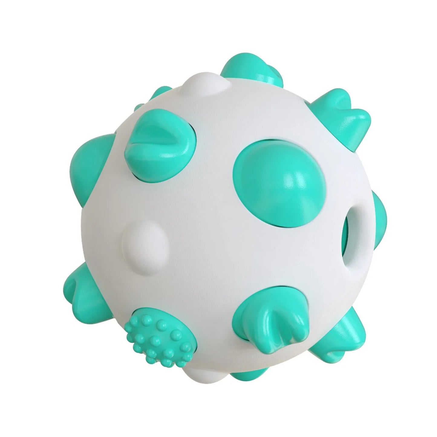 Blue green yellow dog chew ball with textured cleaning bumps and hollow treat-dispensing centre.
