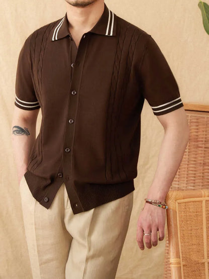 Men's apricot-coloured short-sleeved polo shirt with a lapel collar, laid flat.
