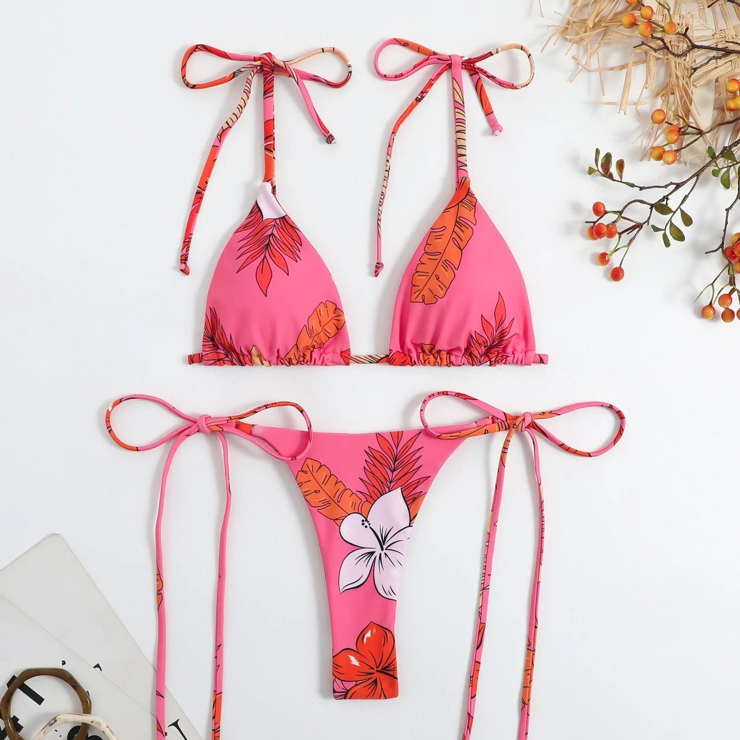 Yellow floral split bikini set for women, high elastic backless design in S-M-L sizes with polyester lining