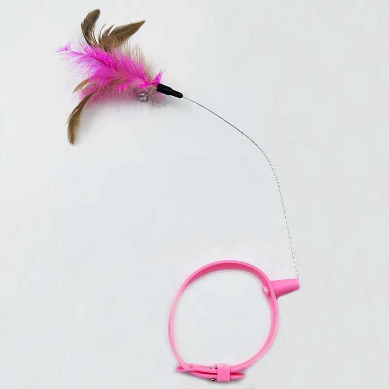 Cat collar teaser toy with feather and bell attachment on adjustable 32.5cm strap
