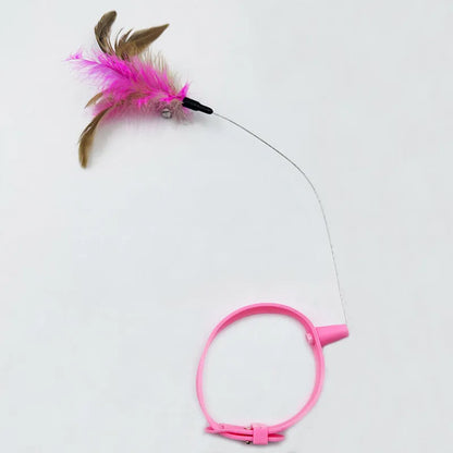 Cat collar teaser toy with feather and bell attachment on adjustable 32.5cm strap