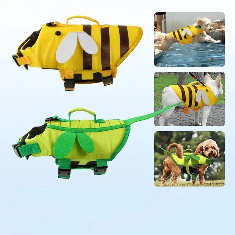 Dog life vest for summer swimming, pet life jacket with reflective panels for safety, canine buoyancy aid swimwear for puppies and small dogs available in green or yellow colours in sizes XXS to L