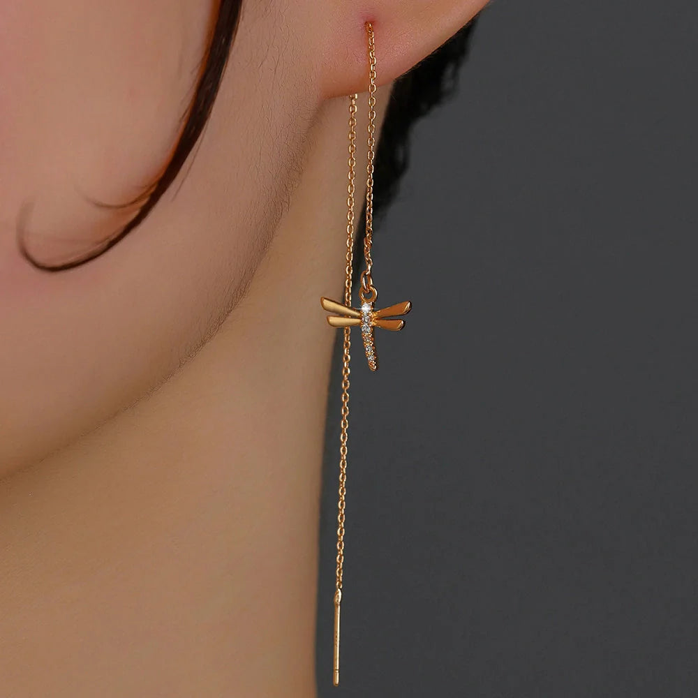 Gold copper dragonfly micro-set zircon long tassel ear wire jewellery