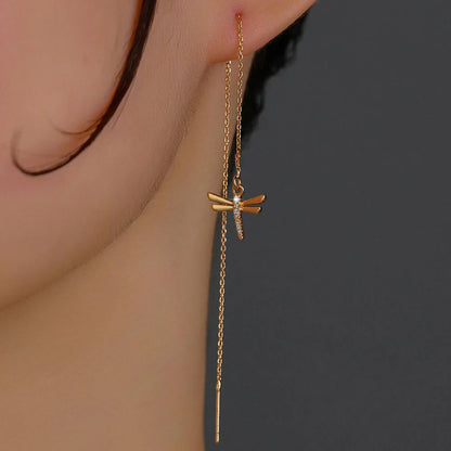 Gold copper dragonfly micro-set zircon long tassel ear wire jewellery