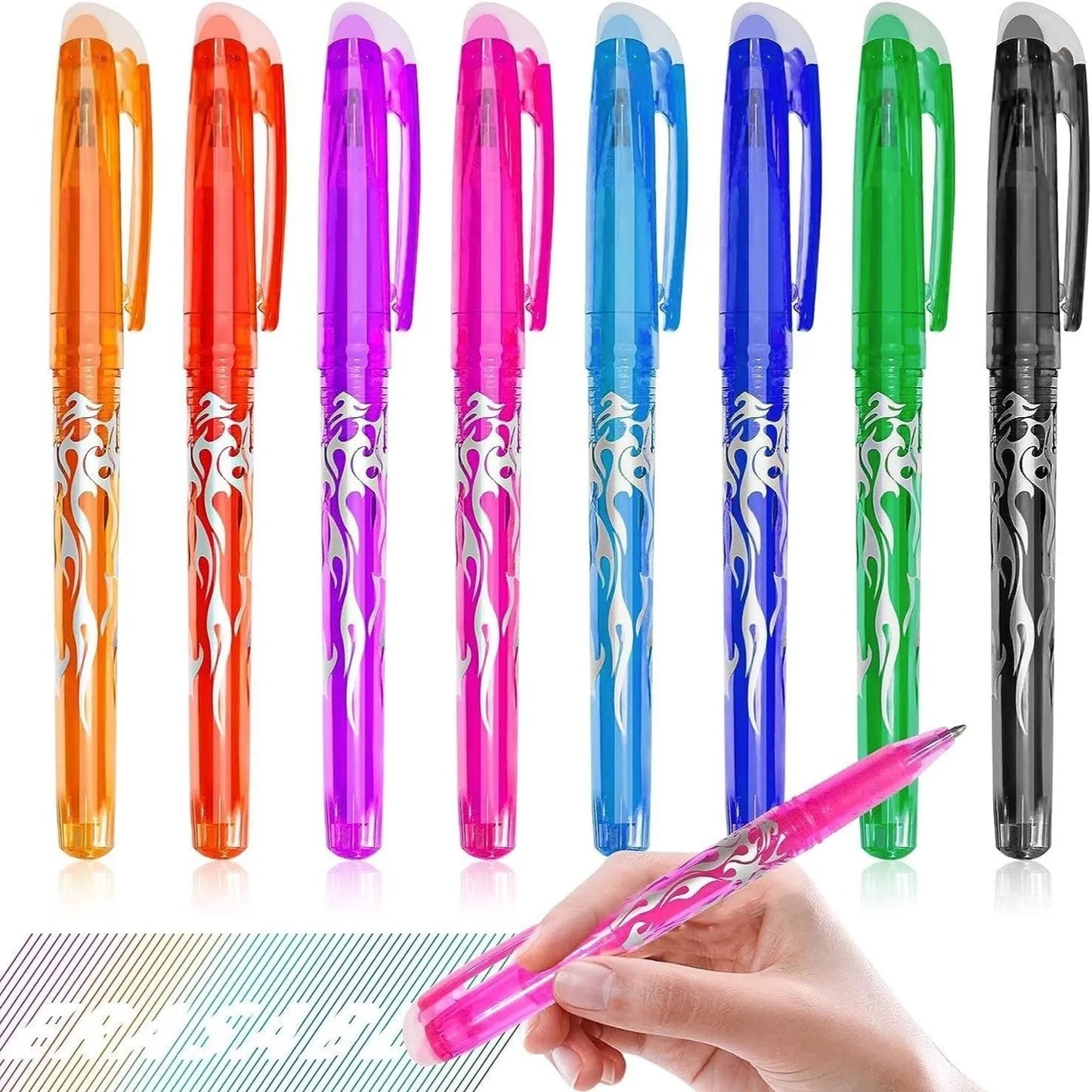 Hot erasable gel pen with stainless steel nib and plastic shell, available in 12 or 8 colour sets for office use