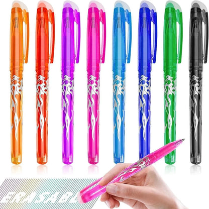 Hot erasable gel pen with stainless steel nib and plastic shell, available in 12 or 8 colour sets for office use