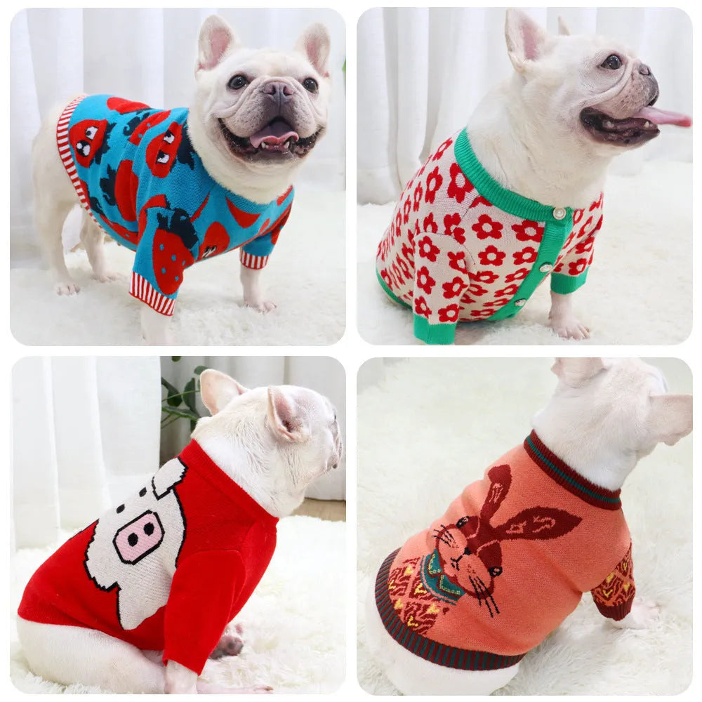Cartoon aerobull design dog sweater with button front closure in wool-blend fabric