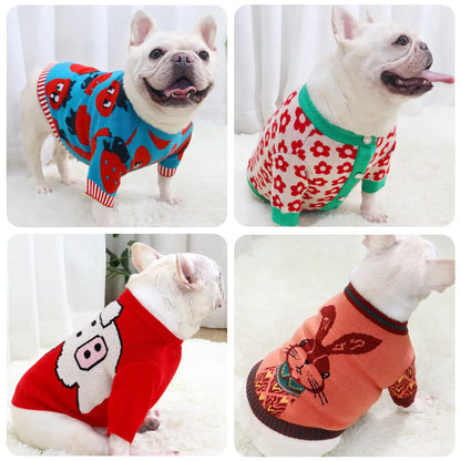 Cartoon aerobull design dog sweater with button front closure in wool-blend fabric