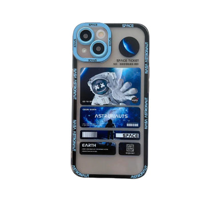 Blue and black space astronaut graffiti design on a silicone iPhone case for iPhone 13.