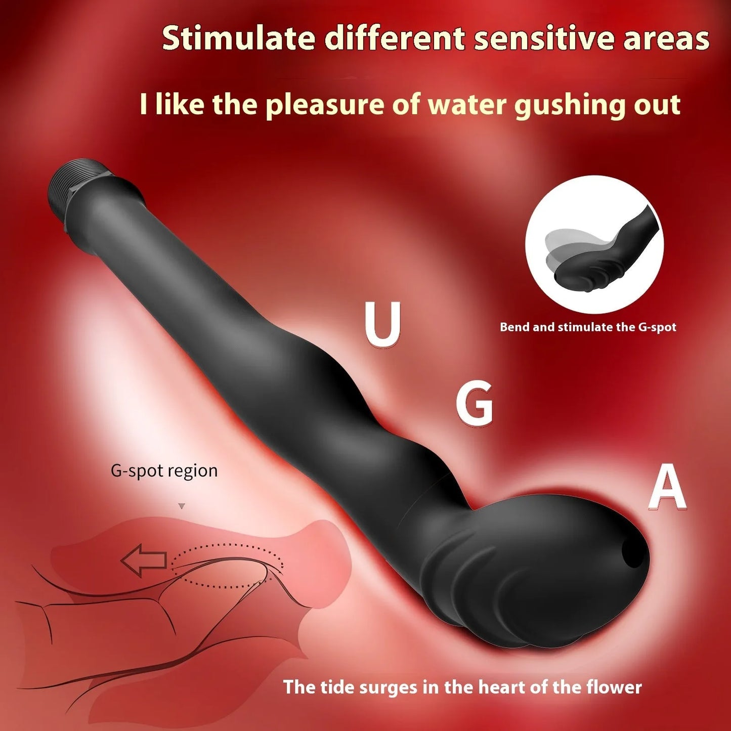 Black silicone hosepipe flusher with enema attachment for cleaning pipes in large and small sizes