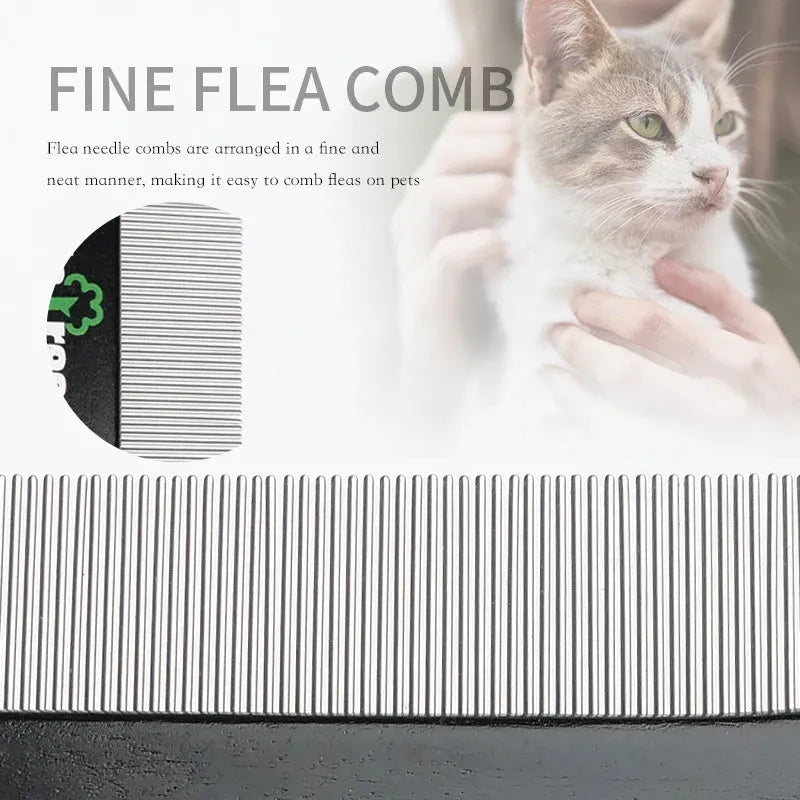 Black double-sided pet hair comb with wooden handle and metal teeth for cat and dog grooming