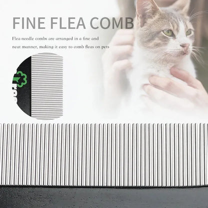 Black double-sided pet hair comb with wooden handle and metal teeth for cat and dog grooming