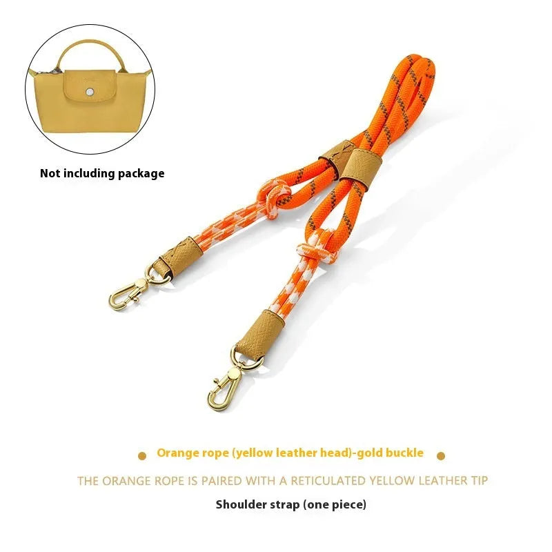 Braided rope and leather shoulder strap with a metal buckle in gold or silver finish
