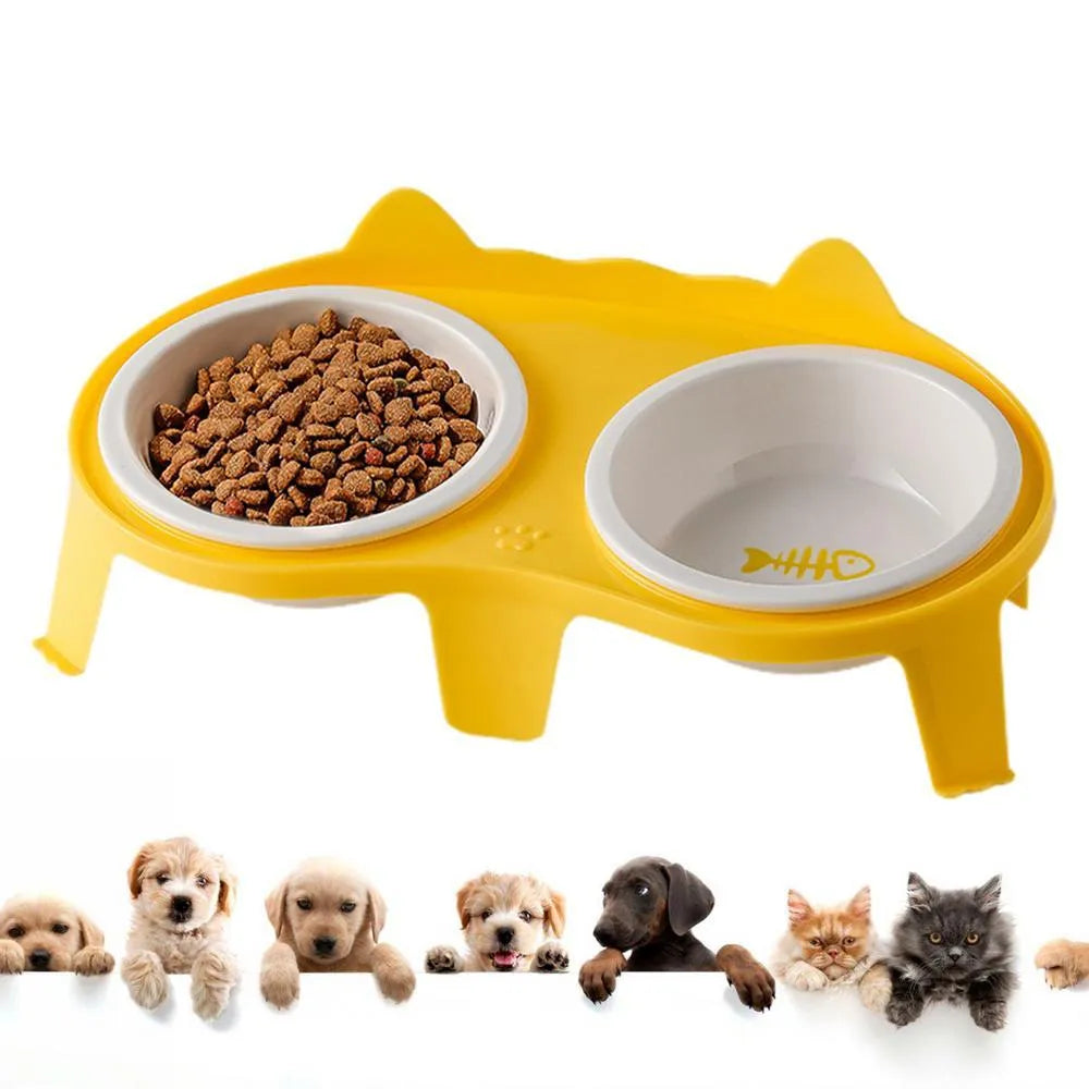 Ceramic cat food and water bowl set in elevated tilted stand, shown in blue, pink, white, and yellow colour options.