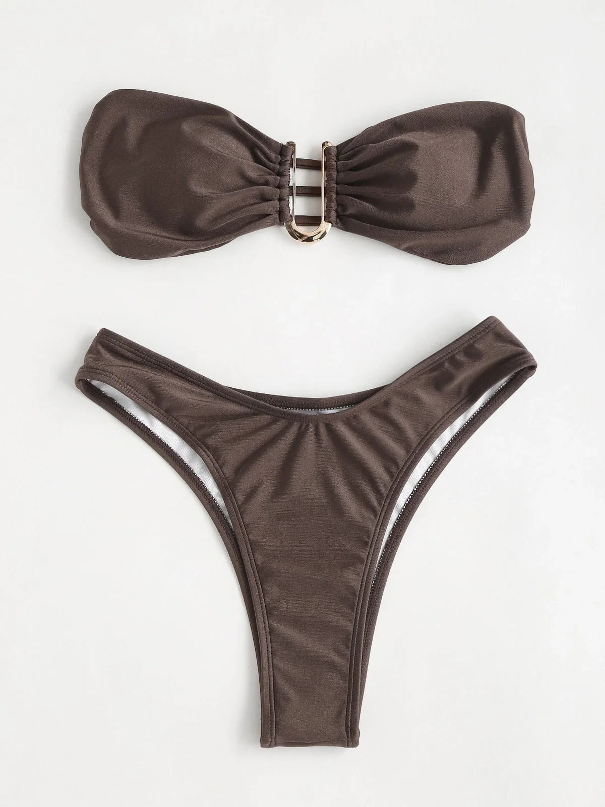 Brown women's U-shape V-neck bikini swimsuit with quick-dry nylon fabric