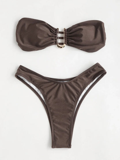 Brown women's U-shape V-neck bikini swimsuit with quick-dry nylon fabric
