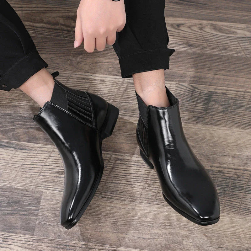 Sleek and sophisticated men's Chelsea boots with pointed toe and square heel design in black and brown colors