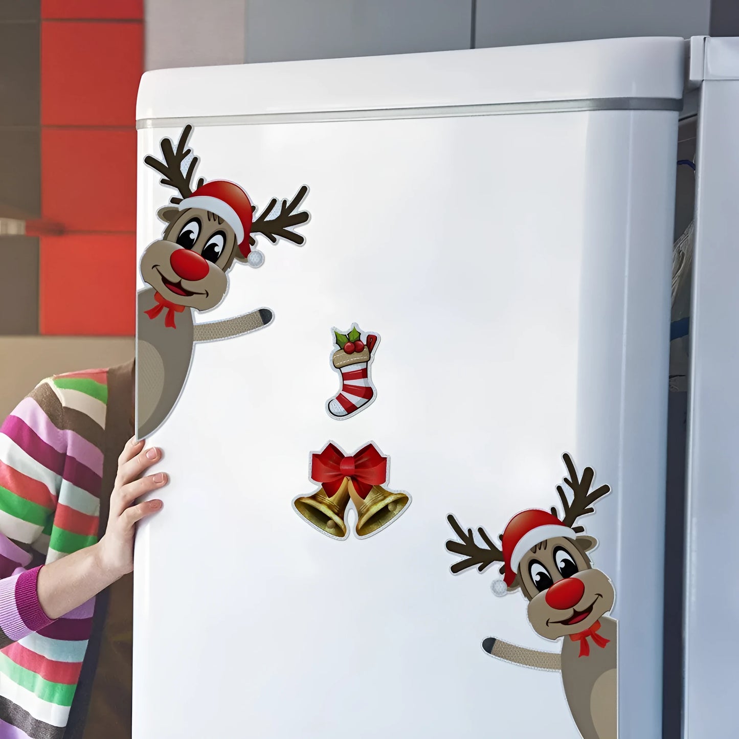 Cartoon Christmas elk bell design on a reflective magnetic luminous car bumper sticker.