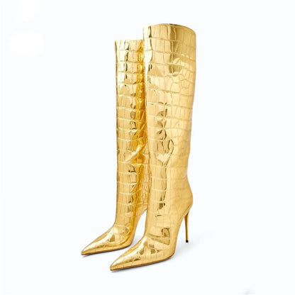 Women's pointed stiletto heel boots in leopard print with side zipper and high cylinder shaft.