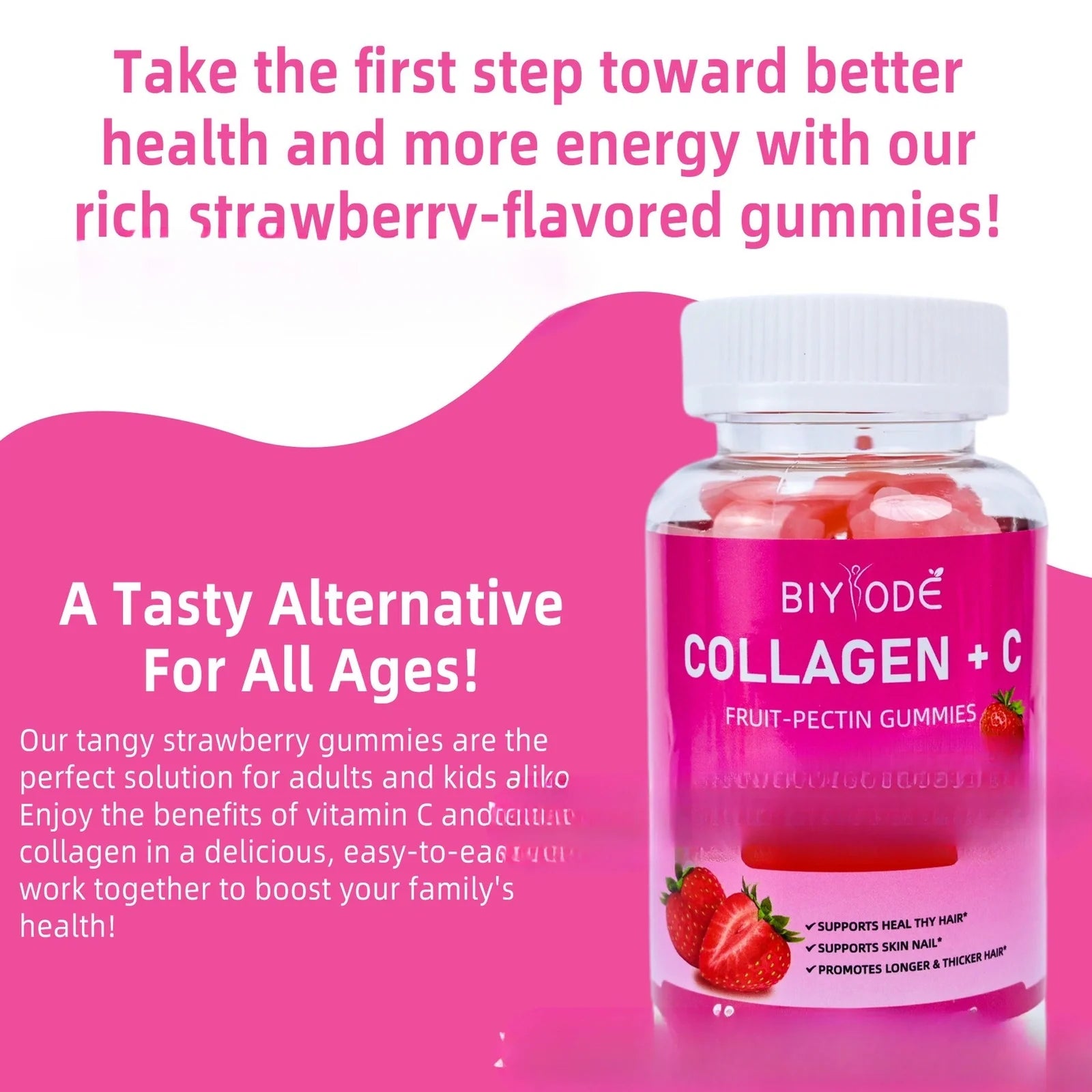 Bottle of 60 vitamin C biotin collagen gummies for women with 10mg collagen per piece