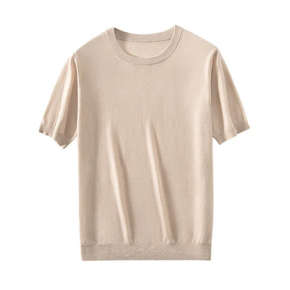 Men's loose-fit thin knitted pullover shirt in light grey, short sleeves, round neck.