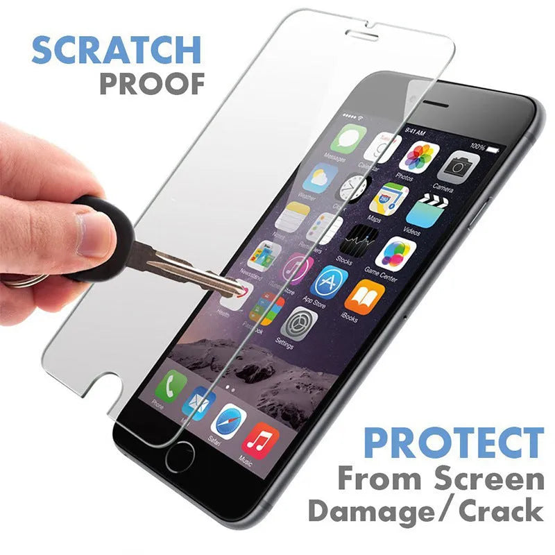 Tempered glass screen protector for iPhone on a transparent background.