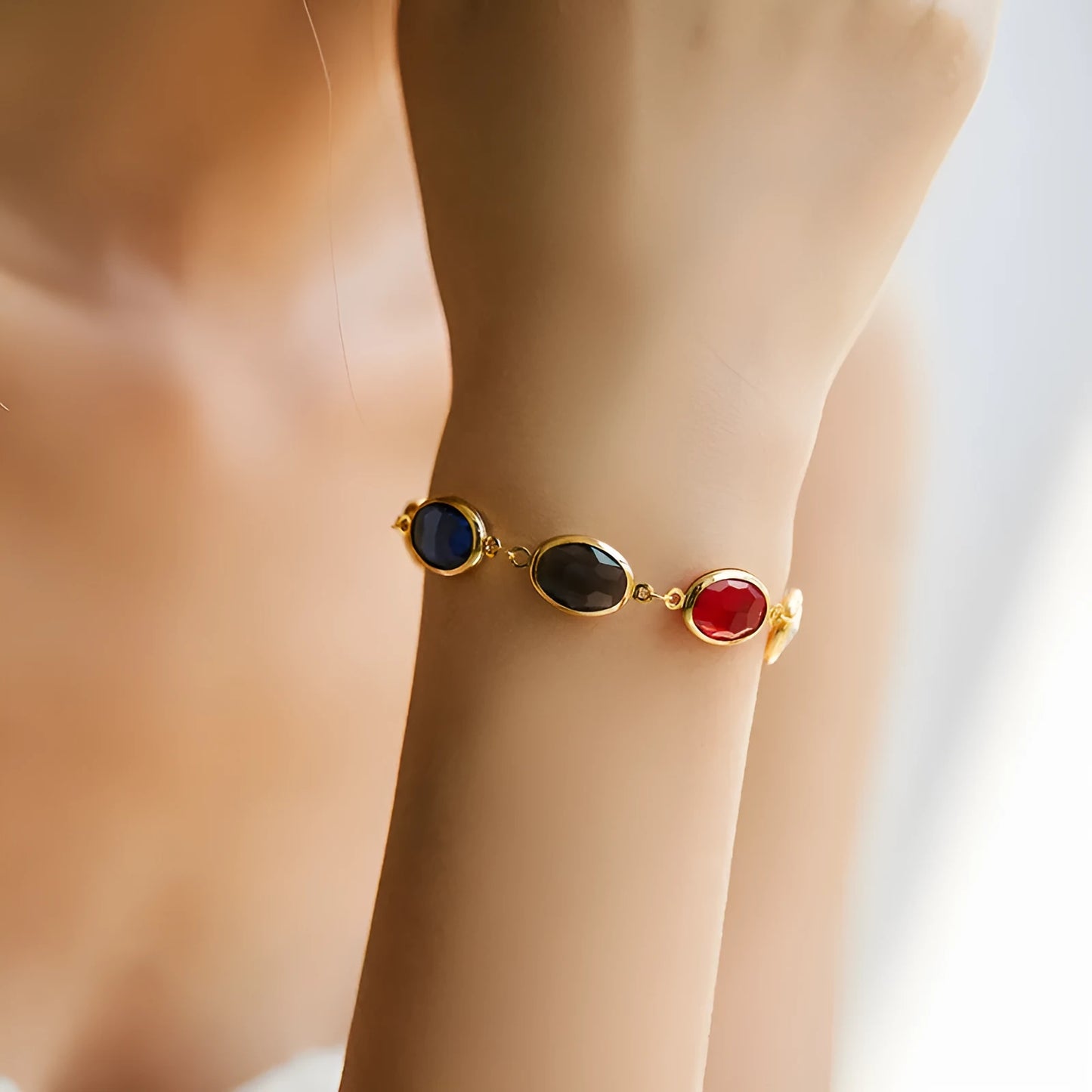 Geometric ellipse bracelet with glass inlay on 18K copper in blue, green, multicolor