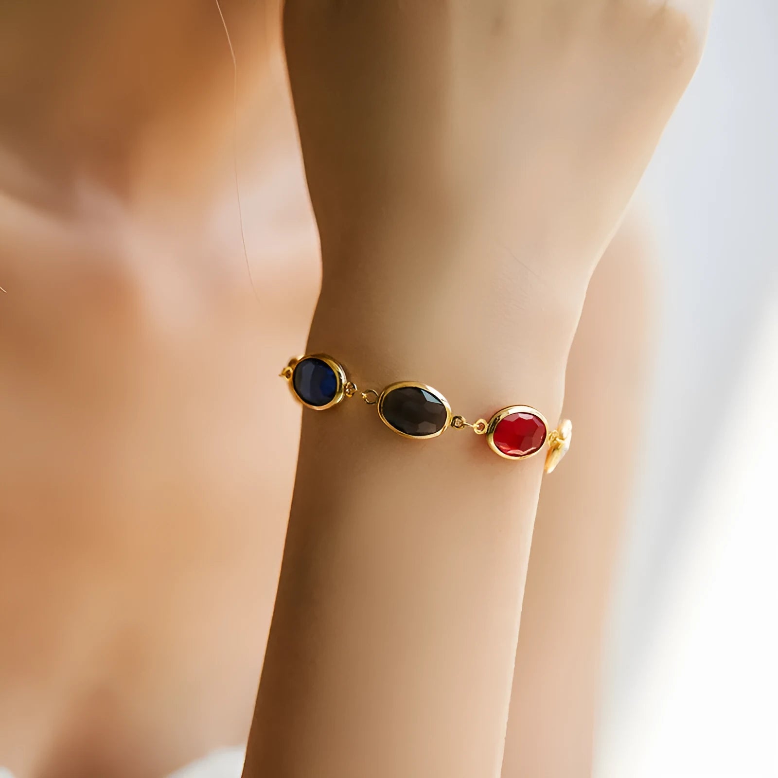 Geometric ellipse bracelet with glass inlay on 18K copper in blue, green, multicolor