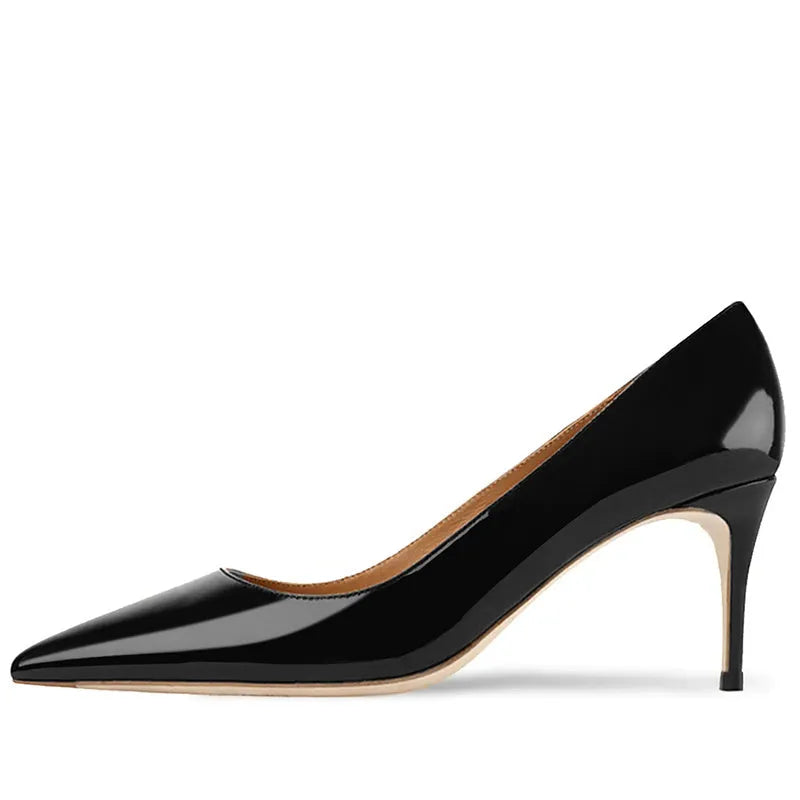 Women's black and nude pointed toe high heel slip-on pumps with soft sole.