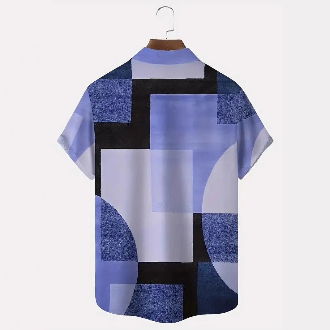 Men's retro geometric printed short sleeve cardigan shirt in loose fit style